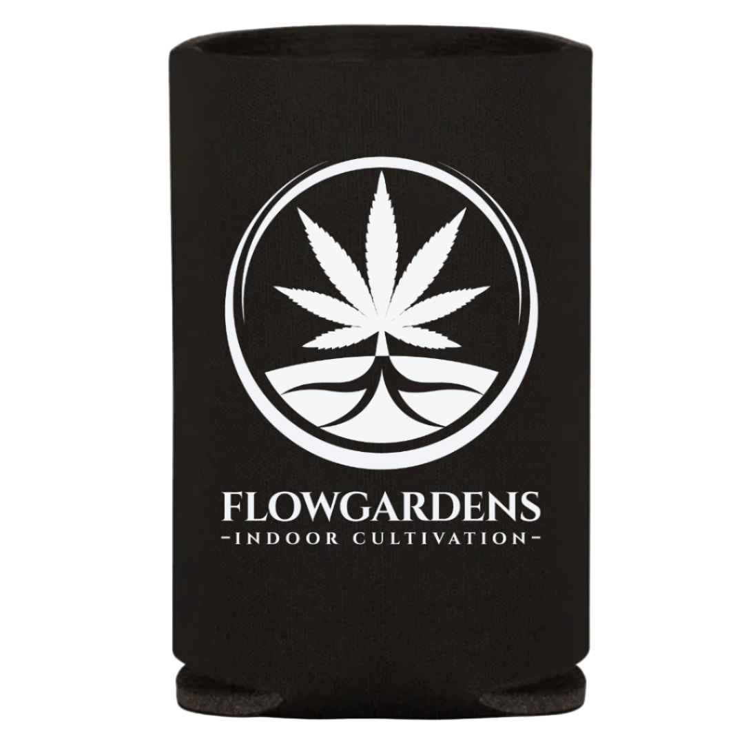 Black can cooler with white cannabis leaf logo and 'Flowgardens' text 