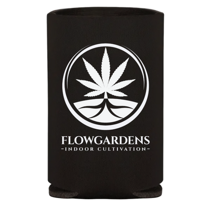 Black can cooler with white cannabis leaf logo and 'Flowgardens' text 
