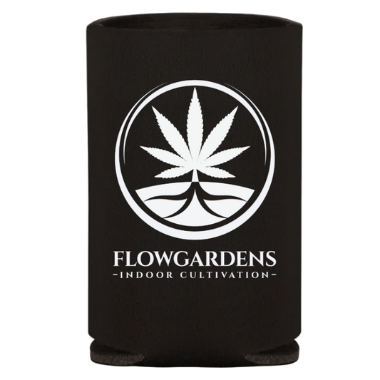 Black can cooler with white cannabis leaf logo and 'Flowgardens' text 