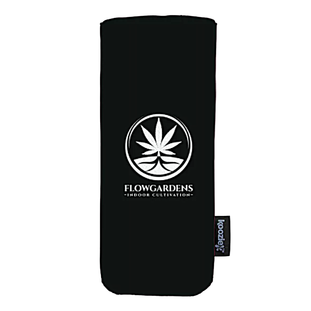 Black skinny can cooler with white logo and "FlowGardens" text