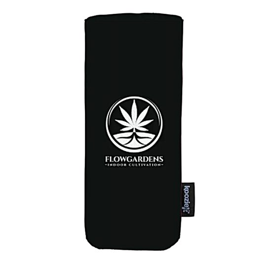 Black skinny can cooler with white logo and "FlowGardens" text