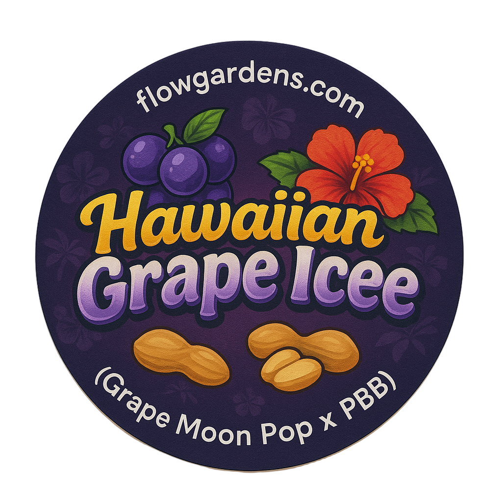 Hawaiian Grape Icee label with grape, flower, and peanut graphics on a purple background.