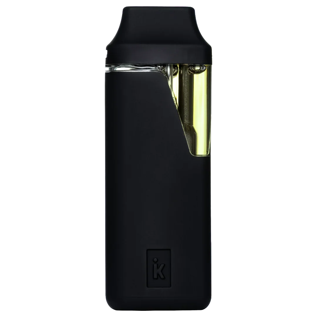 Black K-vaporizer vape pen with visible oil chamber on white background