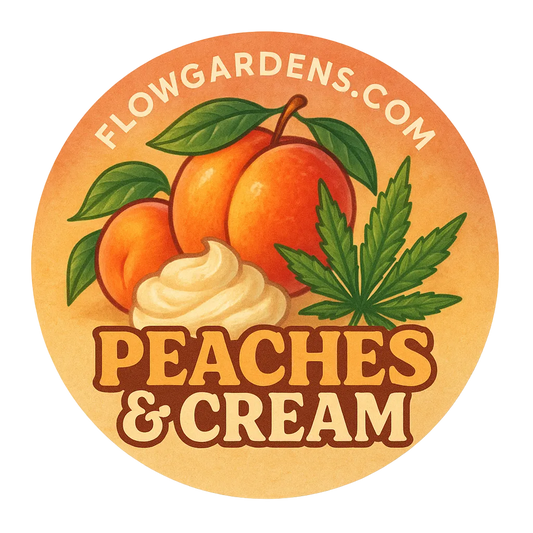 Round sticker with peaches, cream, and cannabis leaf design, featuring 'Flowgardens.com' and 'Peaches & Cream'.