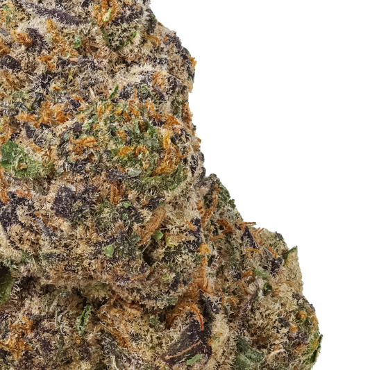Close-up of a cannabis bud with green, orange, and black colors