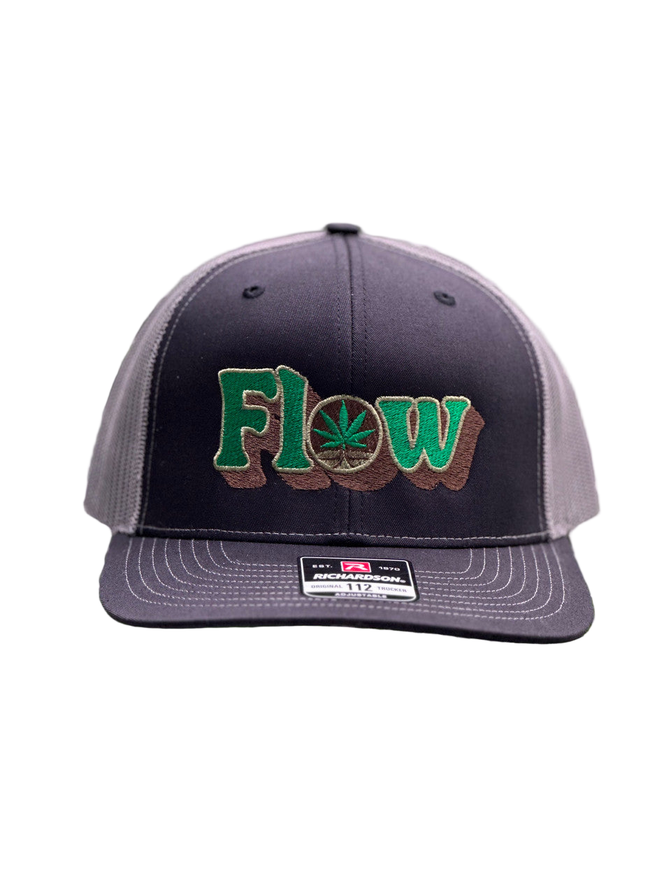 Black and gray cap with 'FLOW' logo