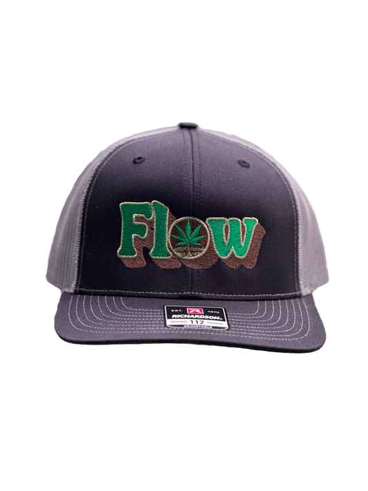 Black and gray cap with 'FLOW' logo