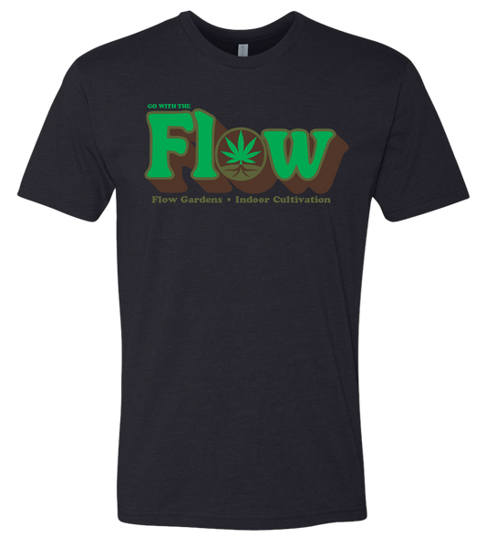 Black Flow Gardens t-shirt with a retro version of the Flow Gardens logo
