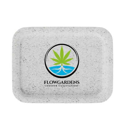 White speckled rolling tray with Flowgardens logo, cannabis leaf, and water graphic