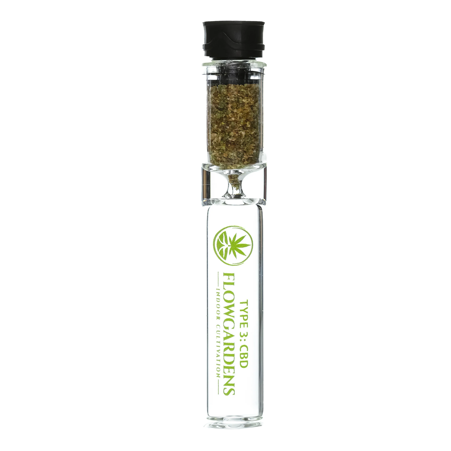 Clear glass chillum pipe with CBD flower, Flow Gardens branding, black cap, isolated on white