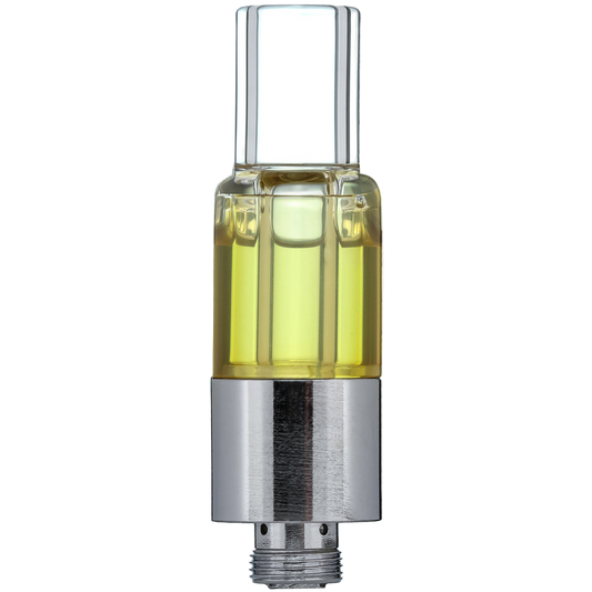 Vape cartridge with clear top and silver base