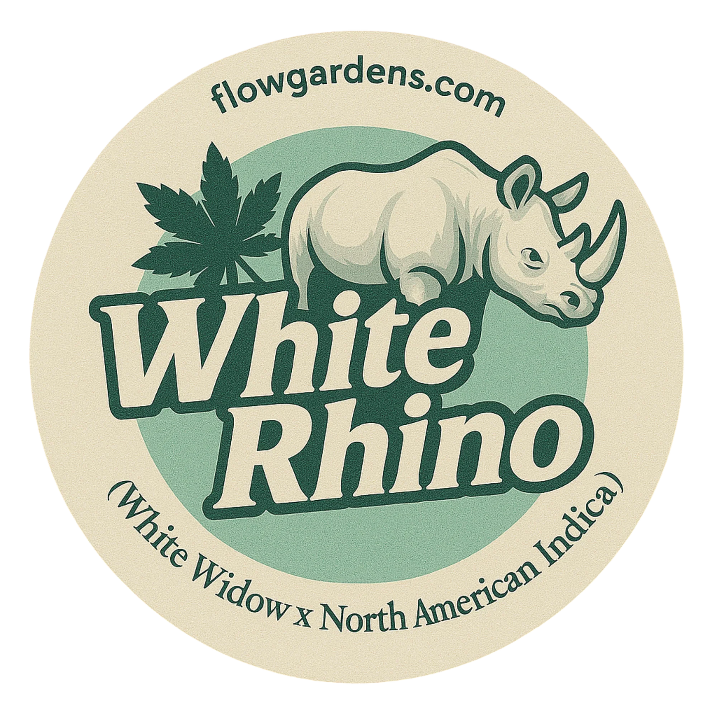 White Rhino cannabis sticker with rhino, leaf, and flowgardens.com, White Widow x North American Indica.