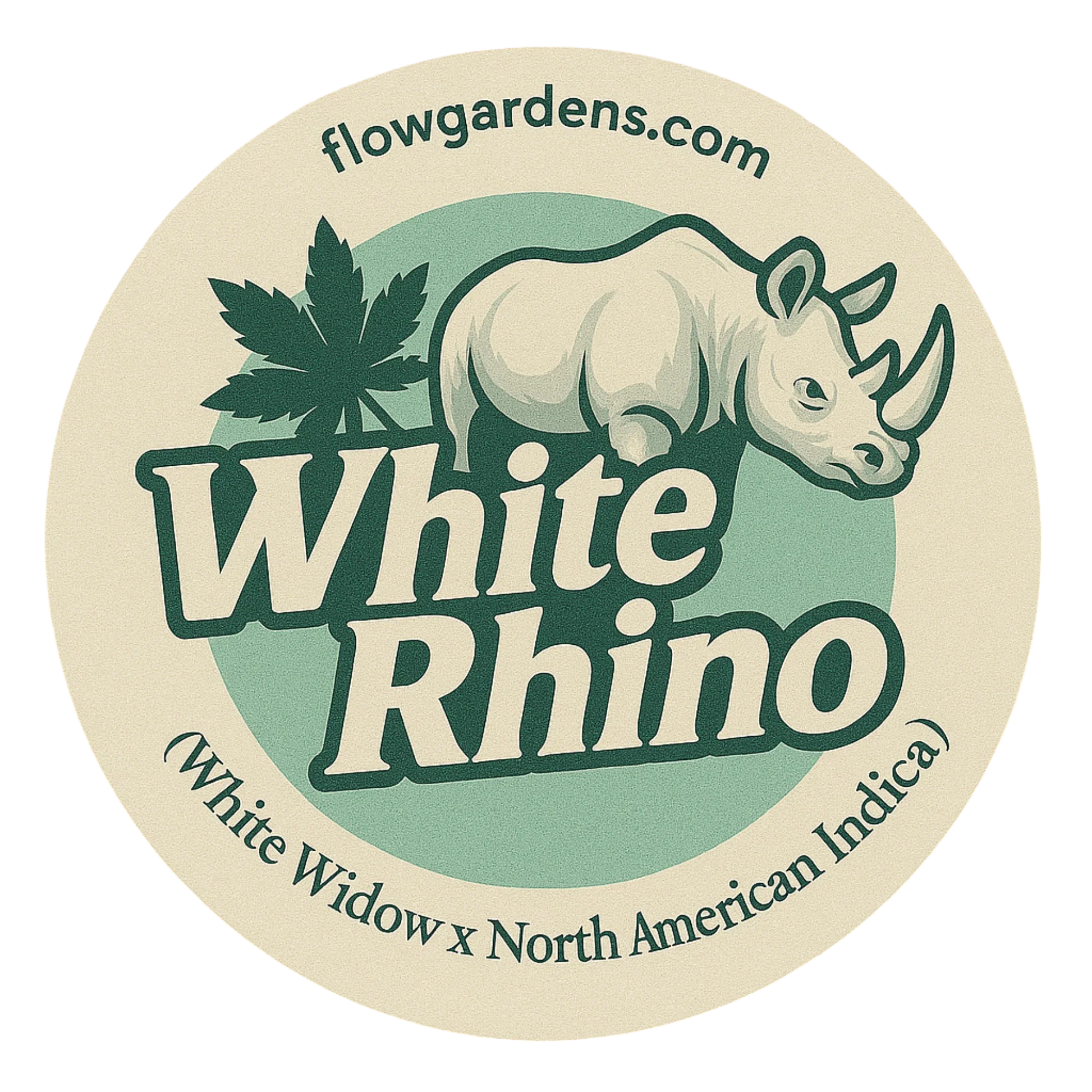 White Rhino cannabis sticker with rhino, leaf, and flowgardens.com, White Widow x North American Indica.