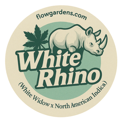 White Rhino cannabis sticker with rhino, leaf, and flowgardens.com, White Widow x North American Indica.