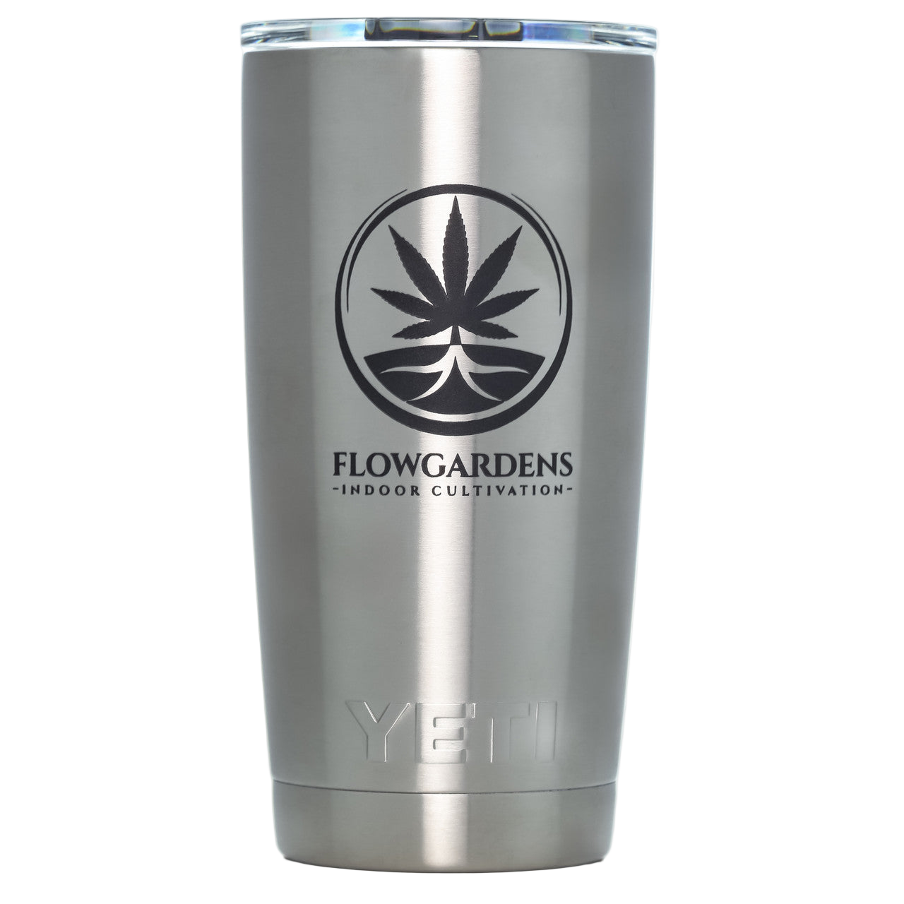 Silver YETI mug with Flowgardens logo