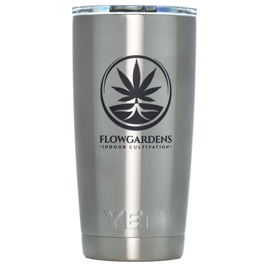Silver YETI mug with Flowgardens logo