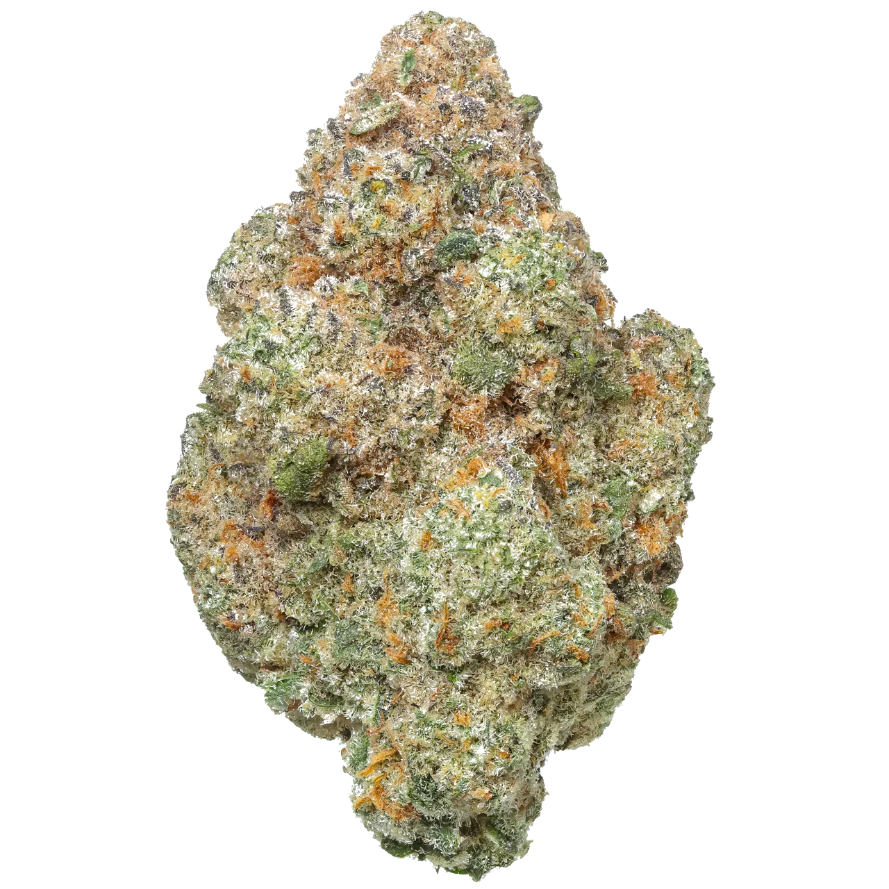 Cap Junky cannabis bud with green, orange, and frosty trichomes on white background
