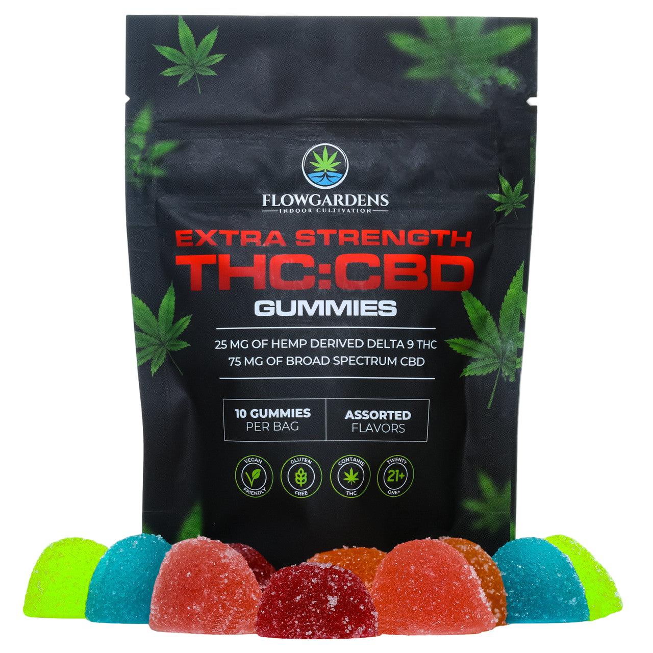 Flowgardens Extra Strength THC:CBG Gummies packaging with gummies in front