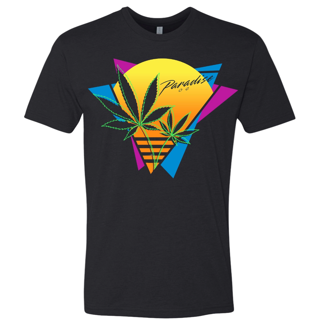 Black t-shirt with colorful geometric design and 'Paradise OG' text