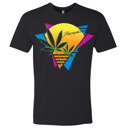 Black t-shirt with colorful geometric design and 'Paradise OG' text